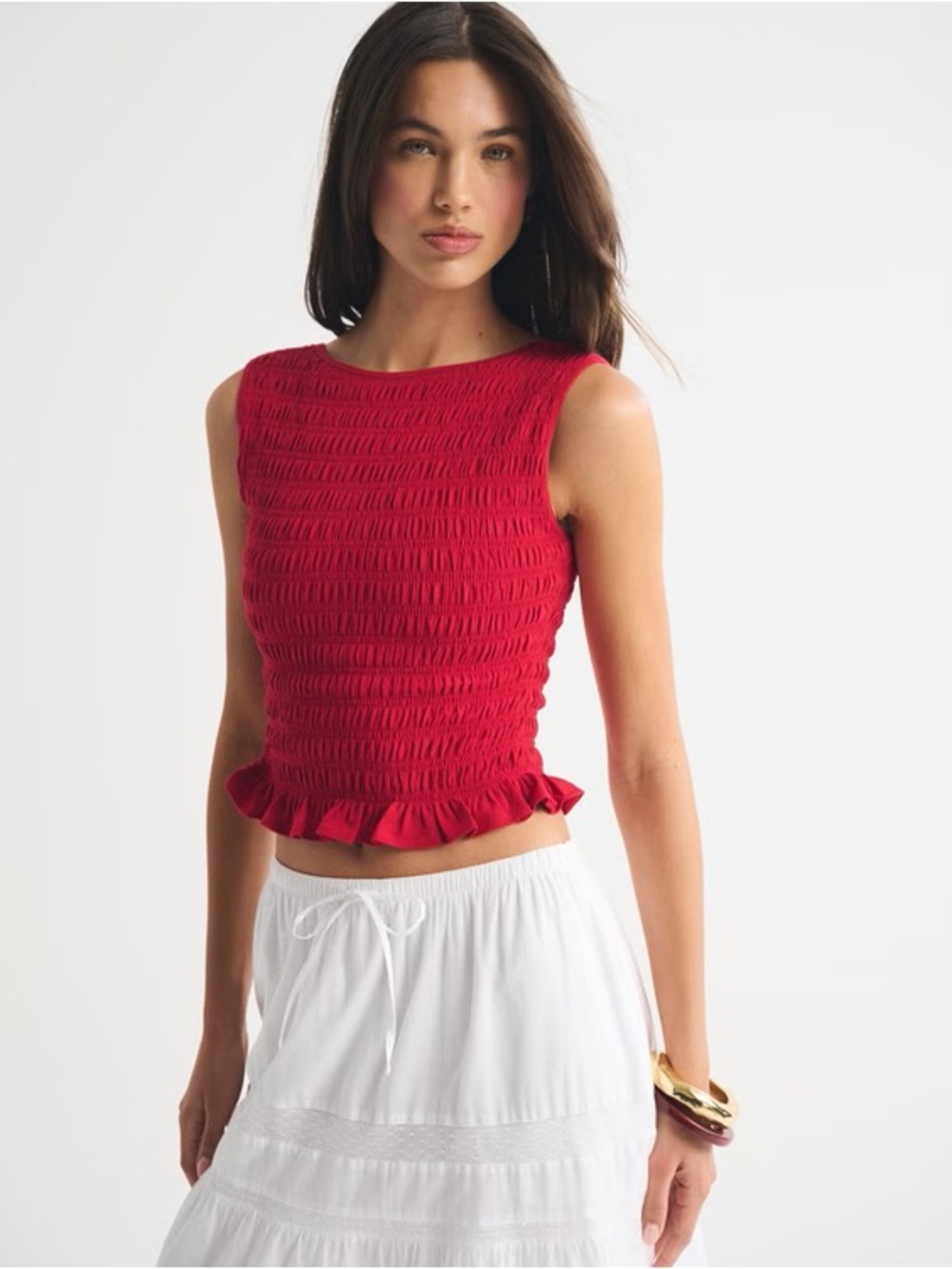 Abercrombie & Fitch Red Smocked Ruffle-Hem Crop Top